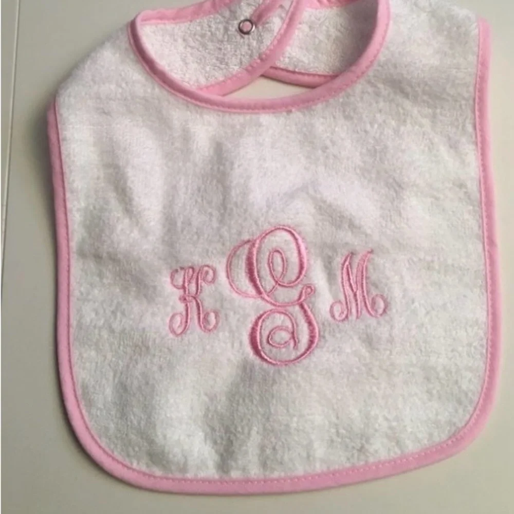 New! Custom Embroidered Pink and White Baby Bib made to order